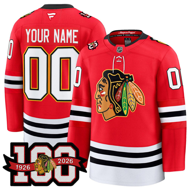 Men's Chicago Blackhawks Active Player Custom Red 2025 Home 100th Anniversary  Stitched Hockey Jersey